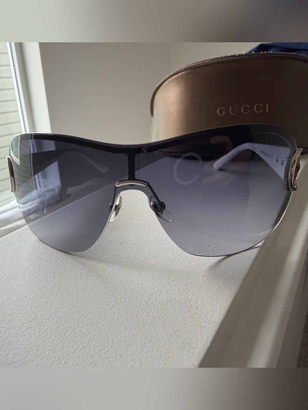 Gucci Women's Smoke Gradient Shield Sunglasses with Silver Accents